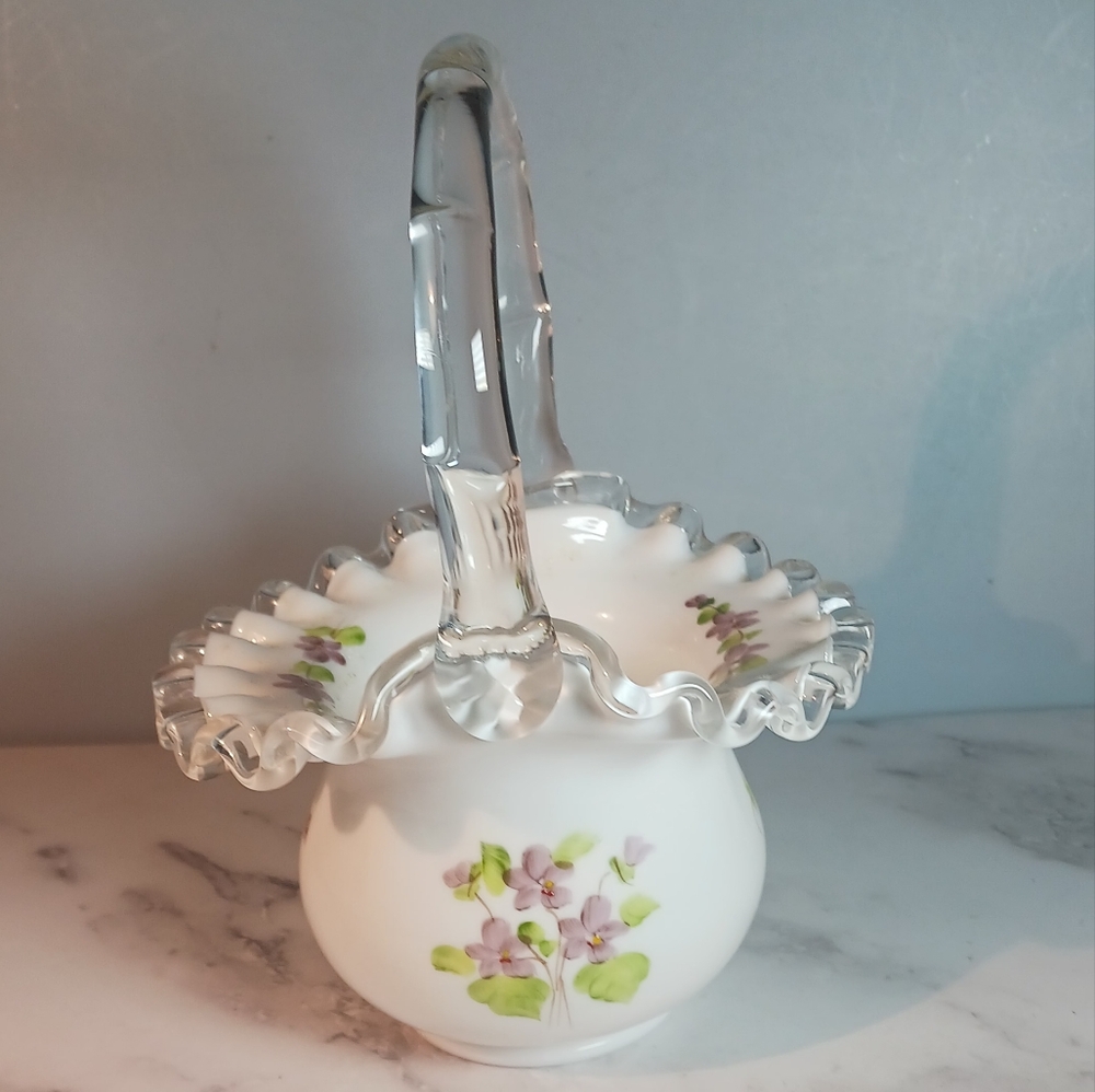 Fenton Silver Crest Ruffled Milk Glass Basket Violet In The Snow